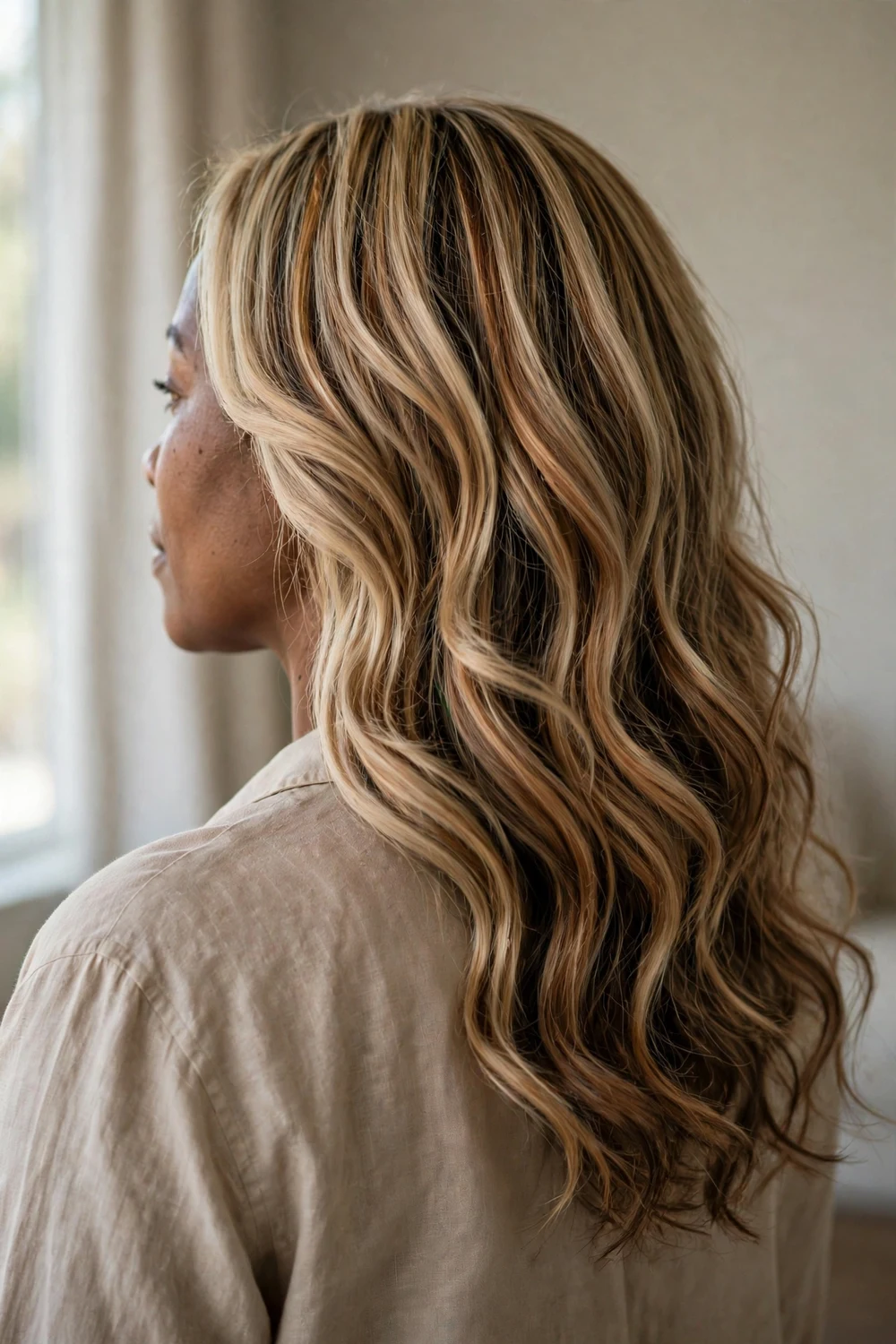 Blonde balayage with caramel tones, back three-quarter view