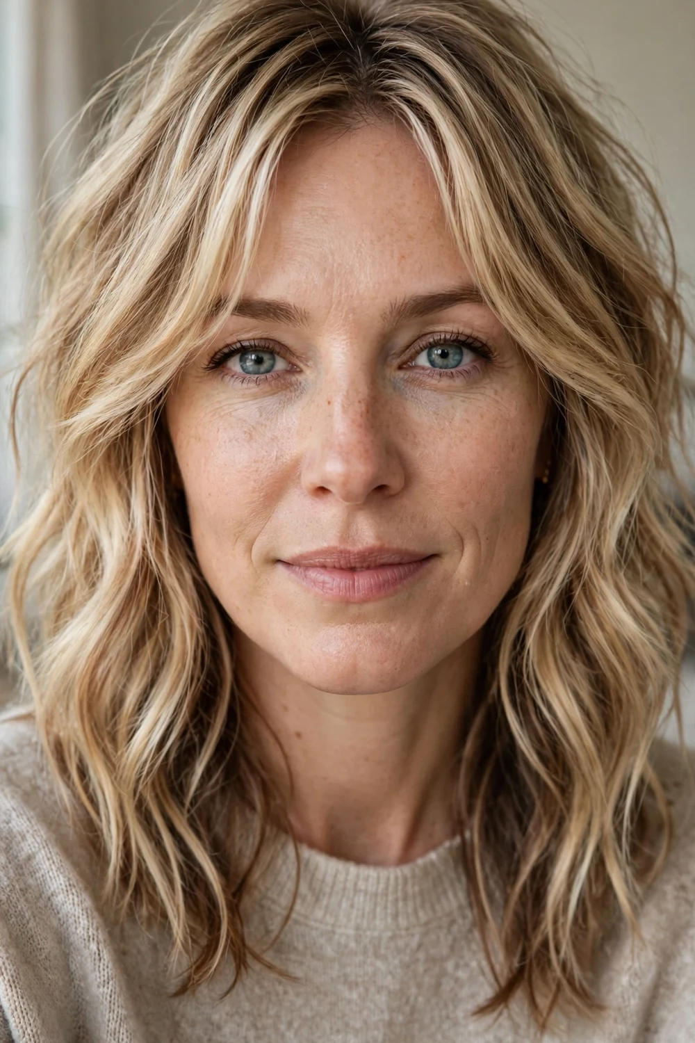 Lived-in blonde hair with warm-toned lowlights, front view