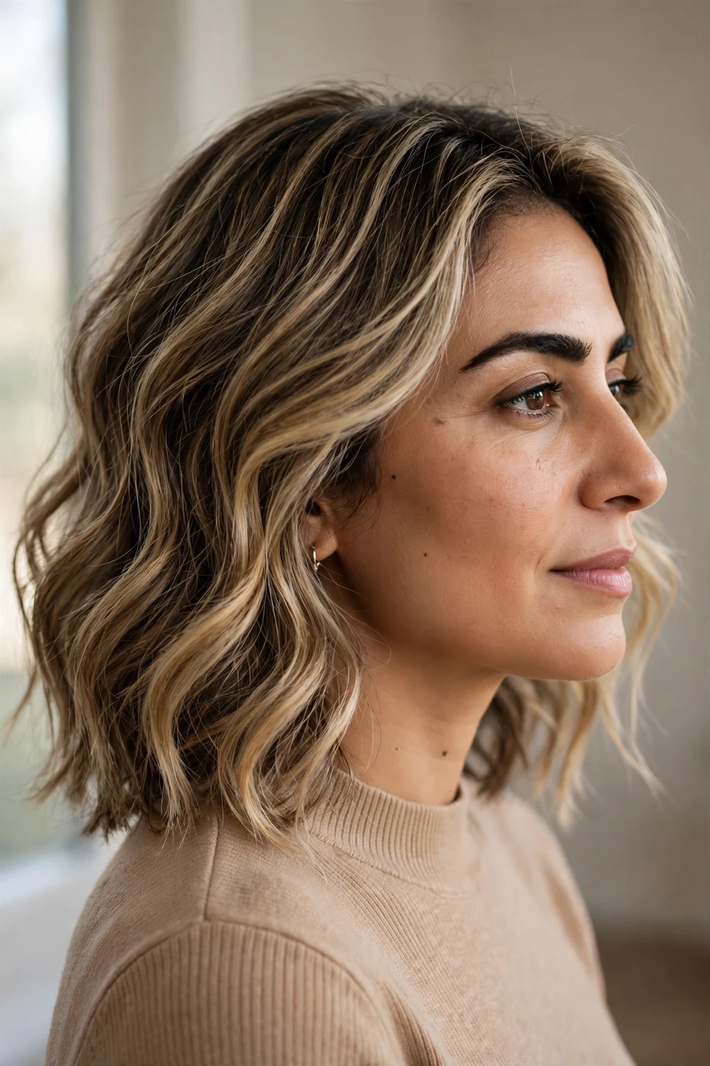 Winter bronde balayage with diffused lowlights, side view