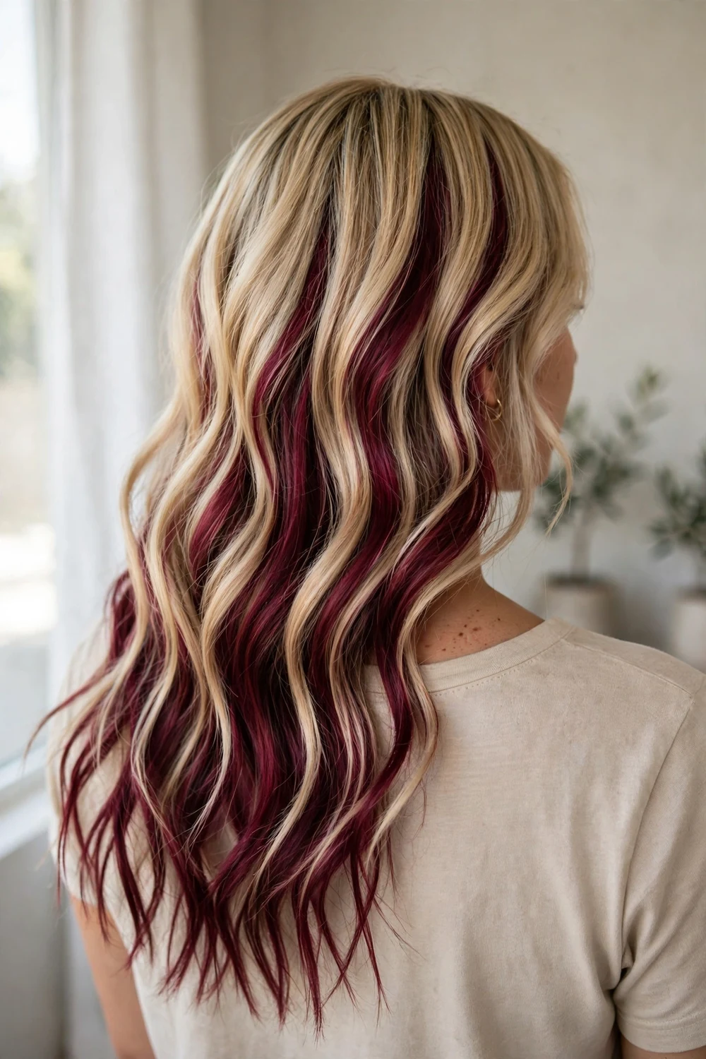 Blonde hair with bold burgundy lowlights, back view
