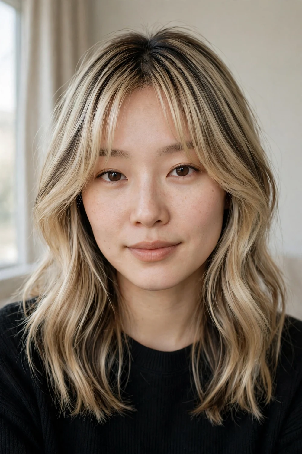 Blonde hair with curtain bangs and lowlights, front view