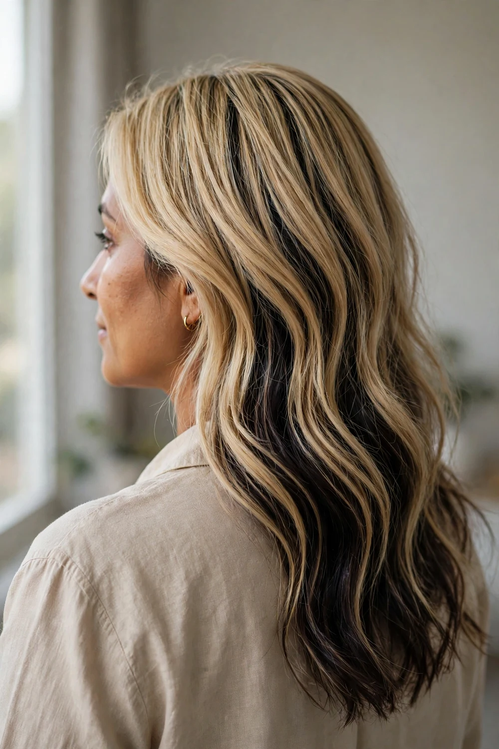 Reverse balayage with vivid lowlights on blonde hair, back view