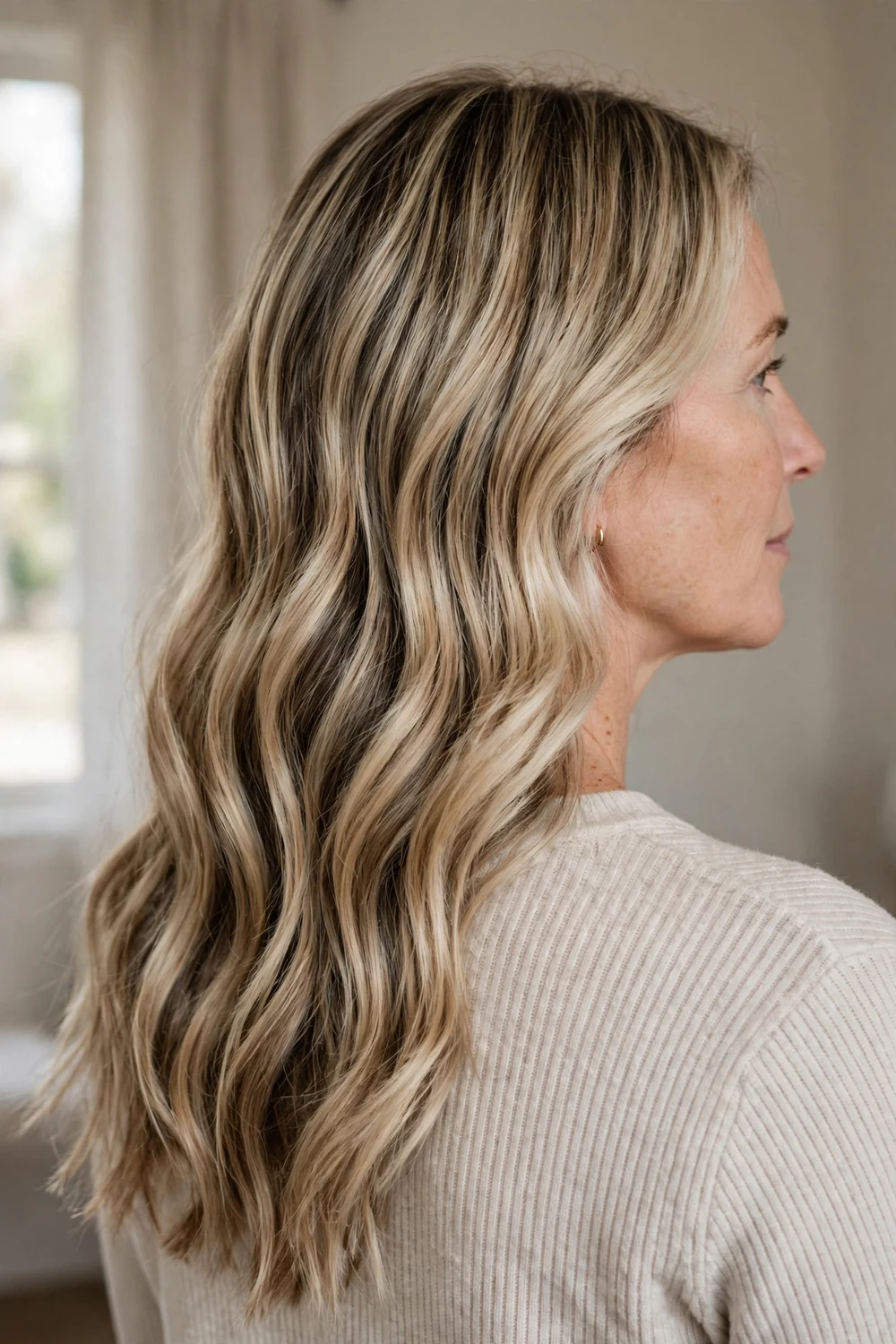 Root melt balayage with low-contrast lowlights, back three-quarter view