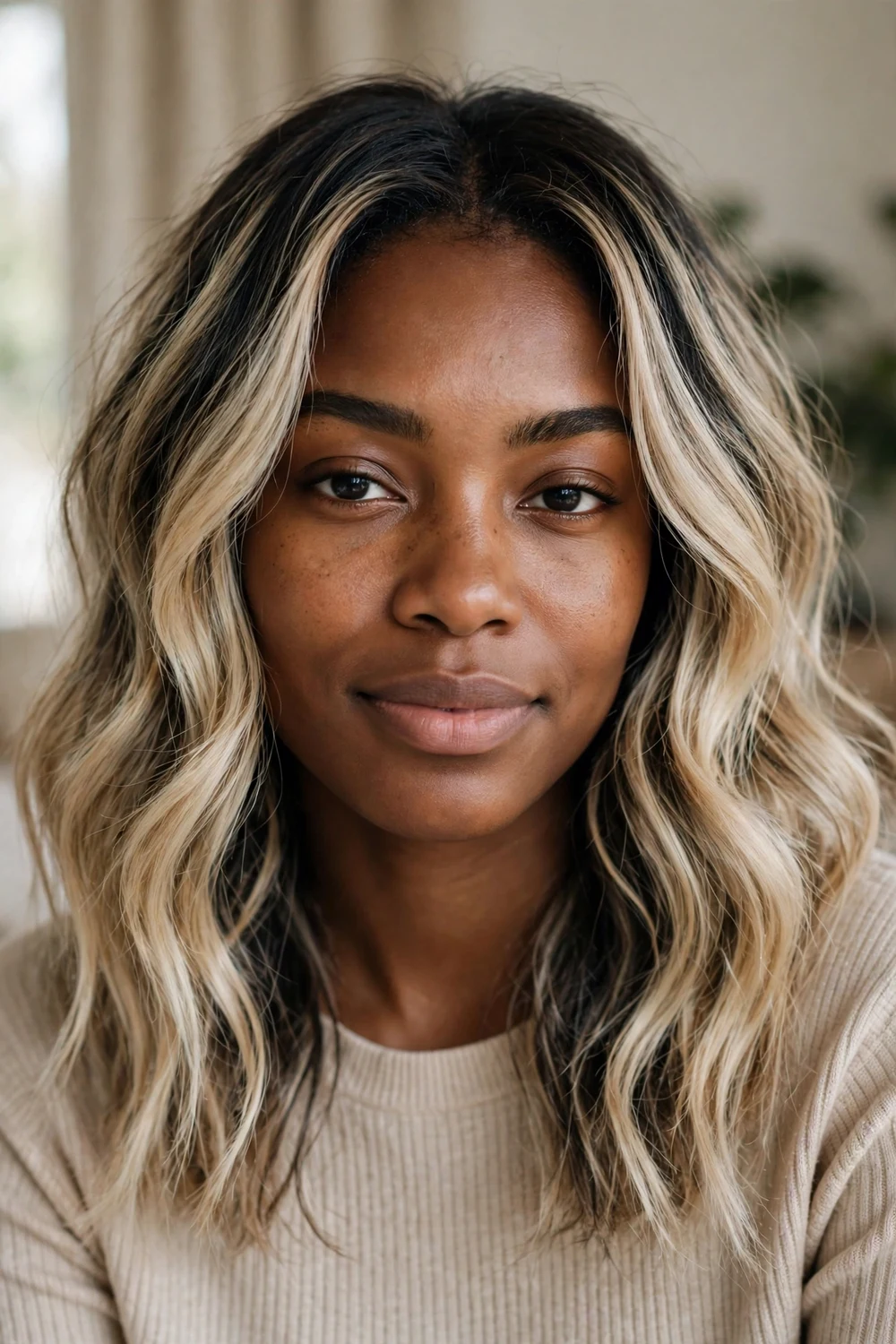 Vanilla blonde balayage with dark-base lowlights, front view