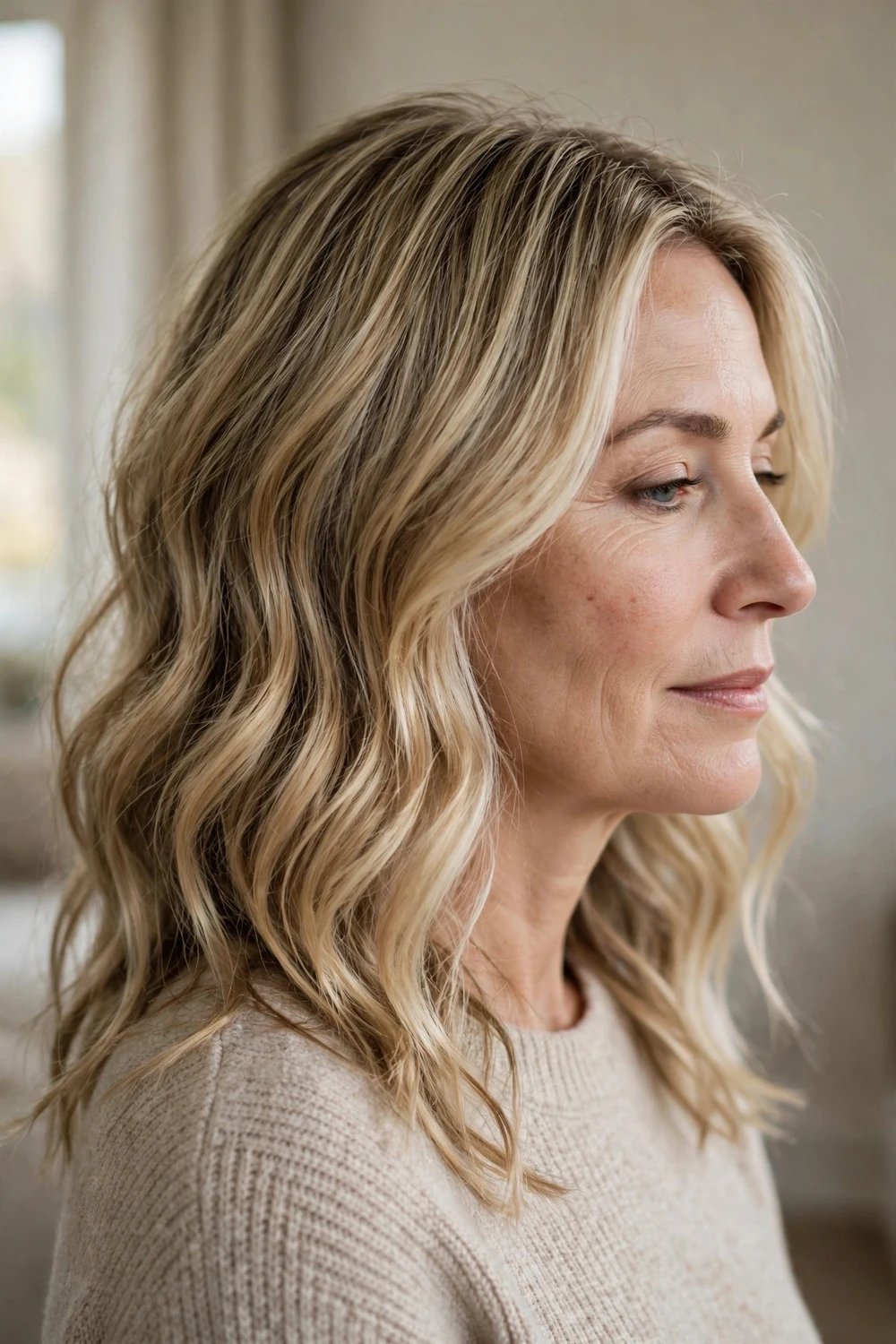 Medium blonde balayage with lowlights on fine hair, side view