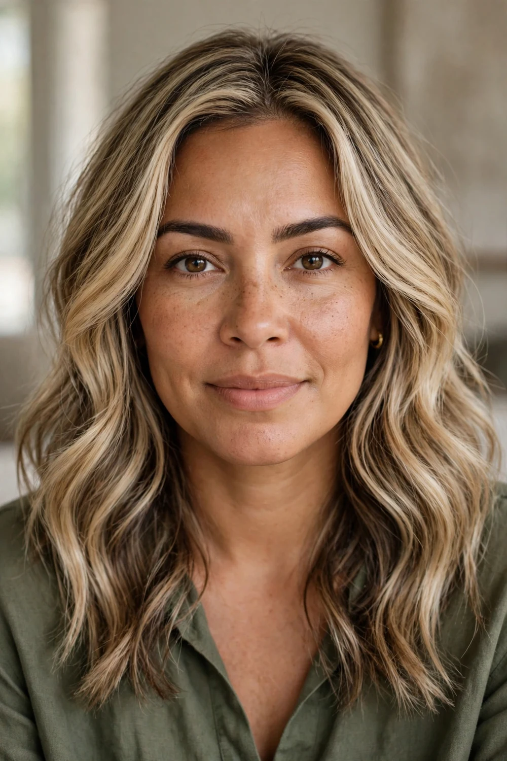Wheat-blonde balayage with soft waves, front view