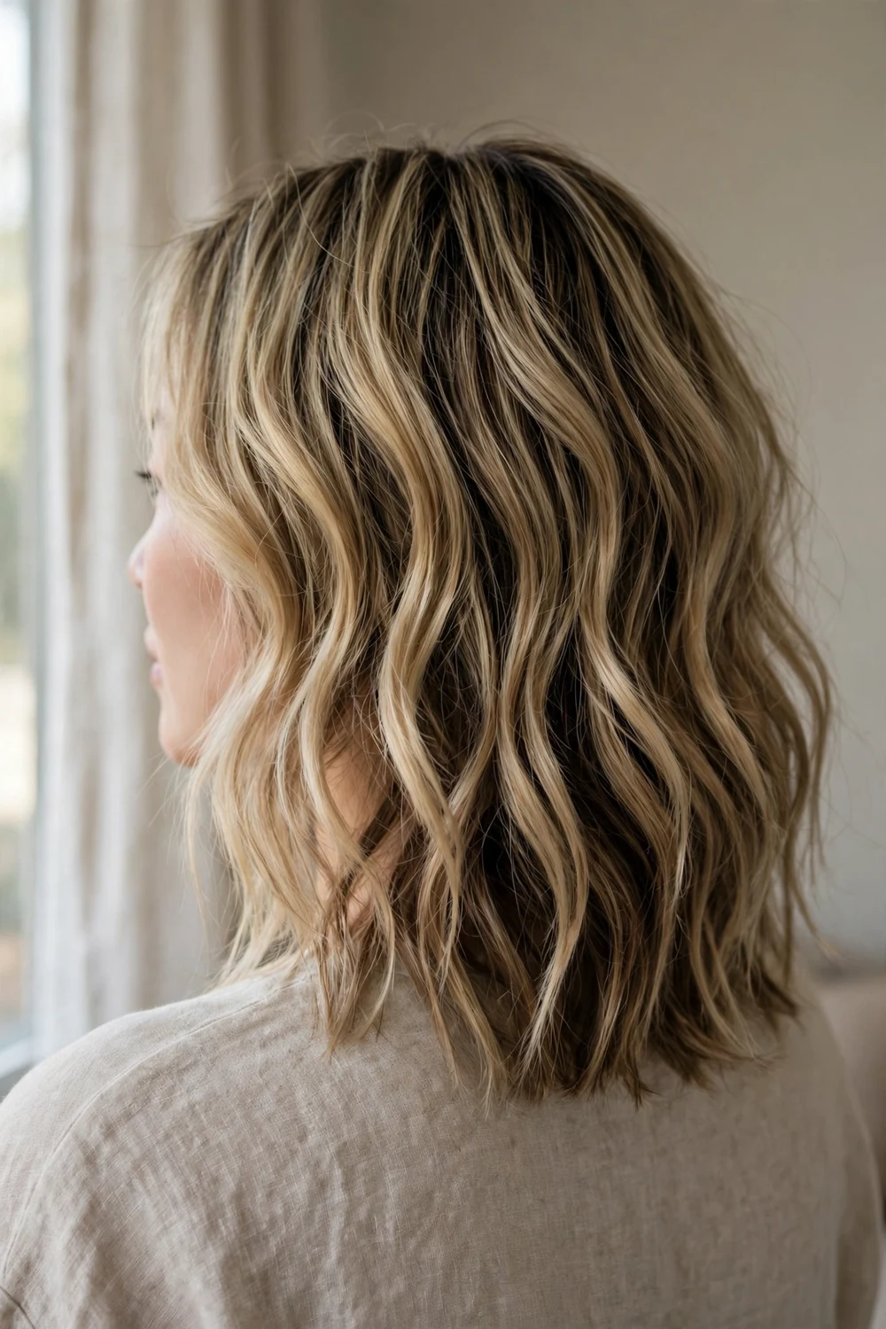 Beachy blonde balayage lob with lowlights, back view