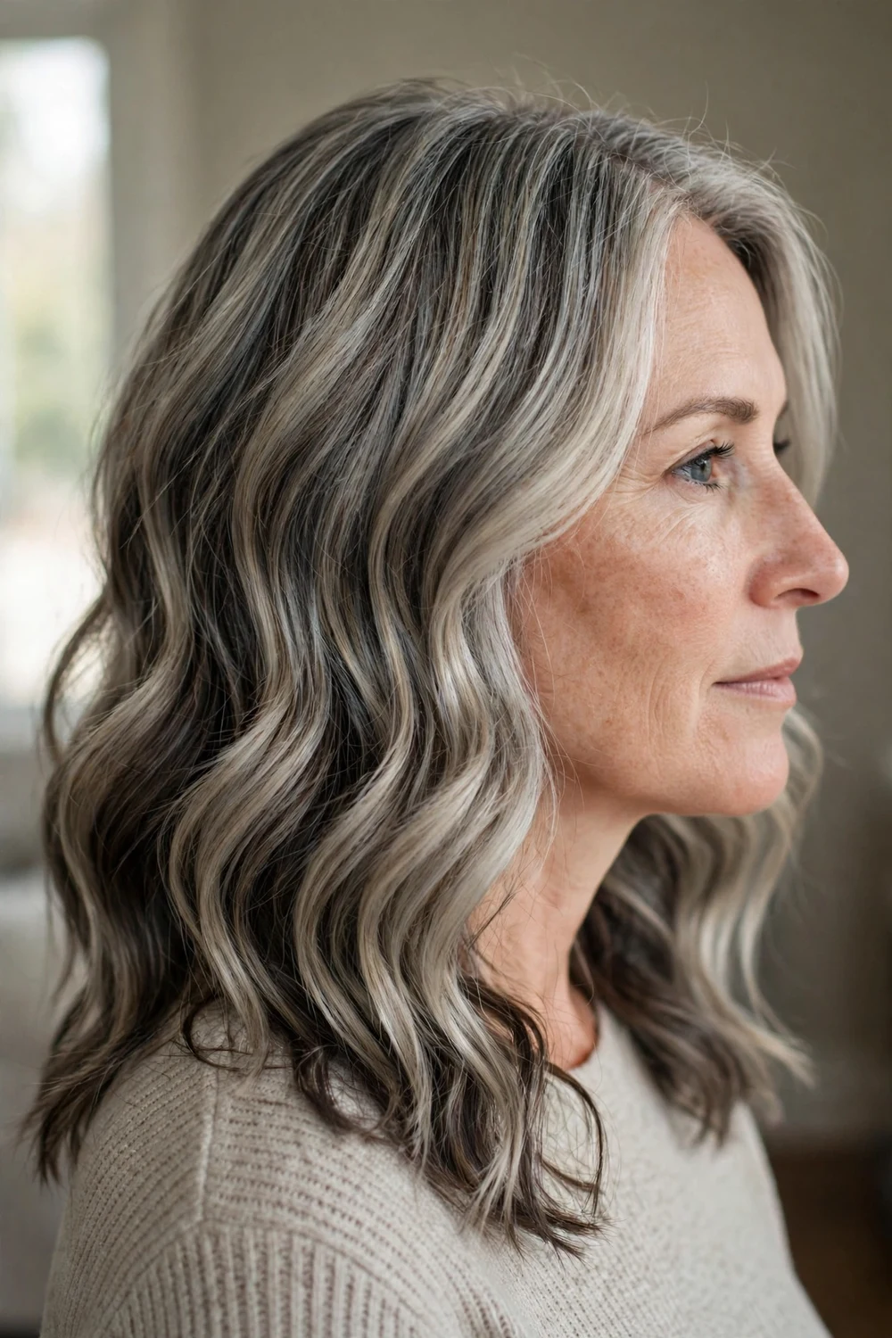 Gray-blonde balayage with cool waves, side view