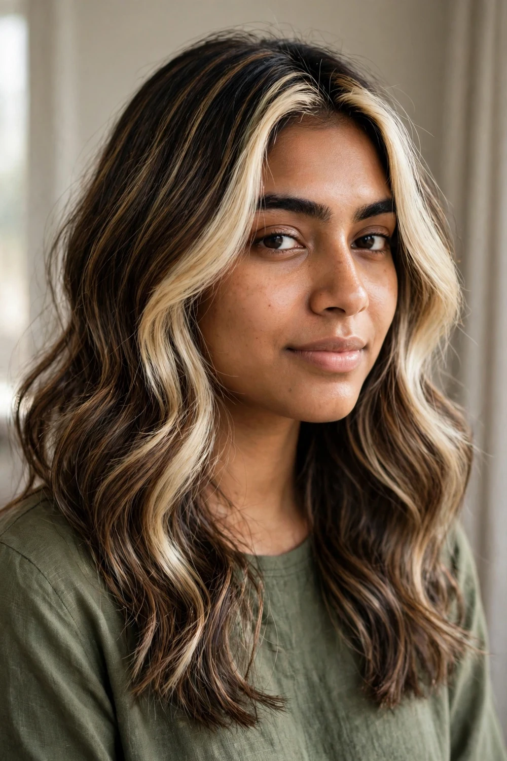 Money piece balayage with multi-tone lowlights, front three-quarter view