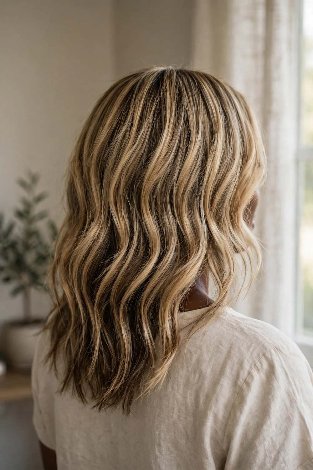 Medium blonde balayage with brighter streaks, back view