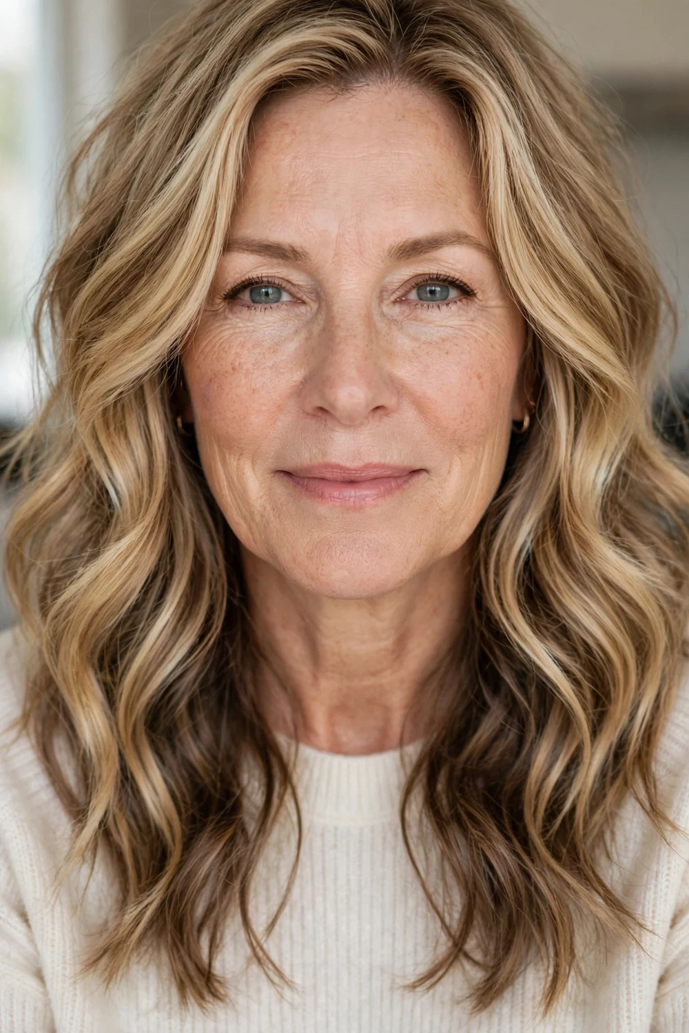 Warm blonde balayage with relaxed waves, front view