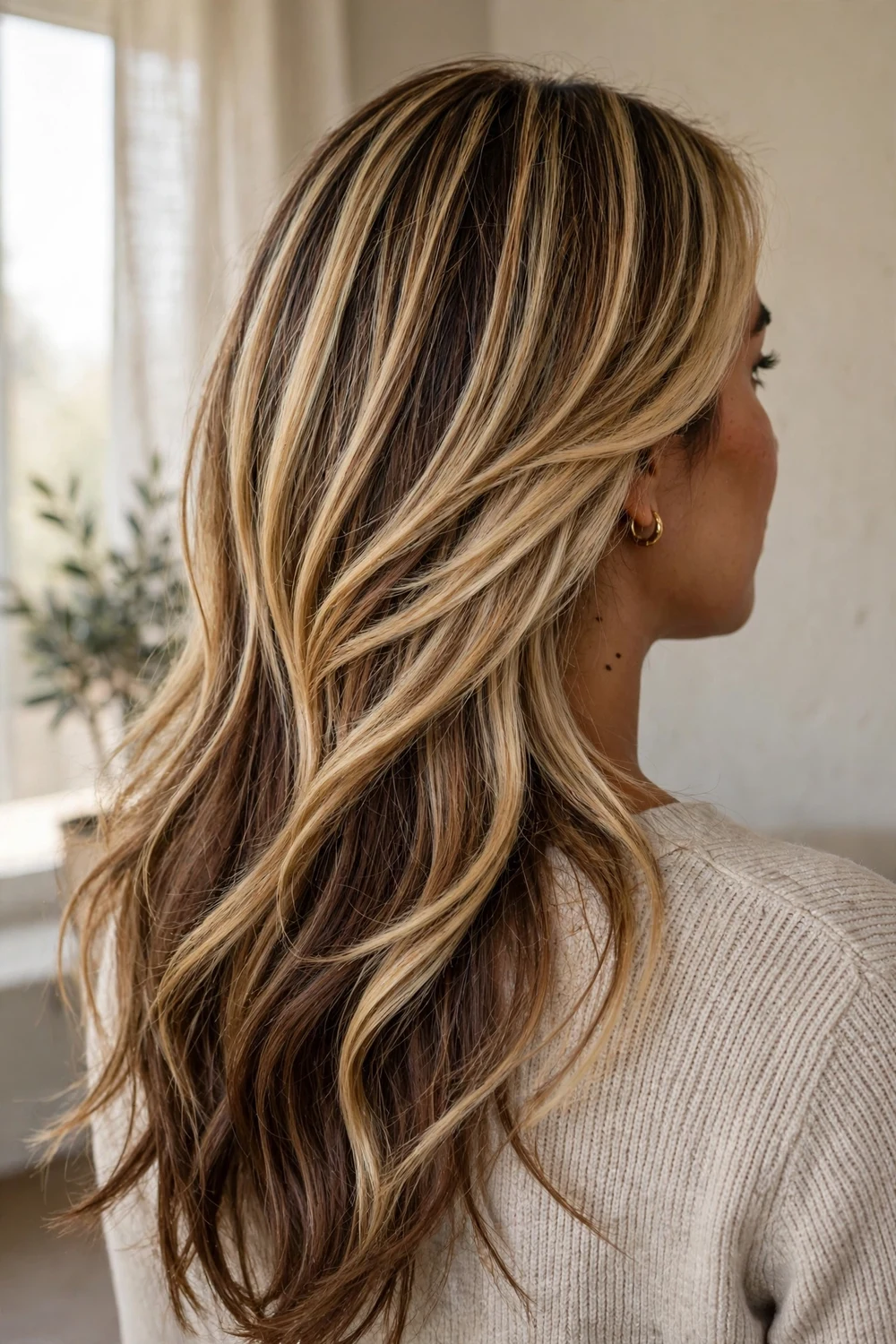 Long layered hair with blonde balayage and brownish underlayer lowlights, back view