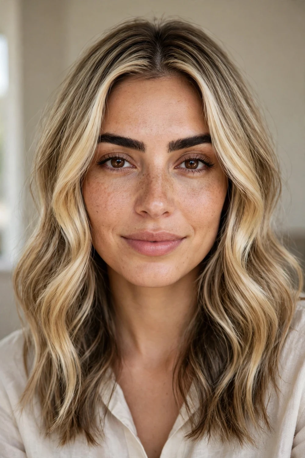 Blonde balayage with a blended face frame, front view