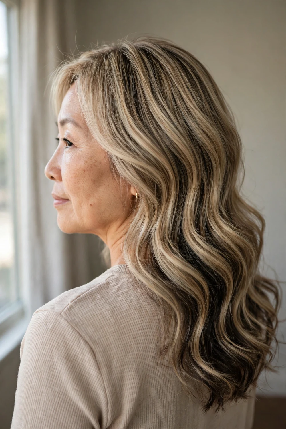 Air touch balayage blonde with lowlights, back three-quarter view