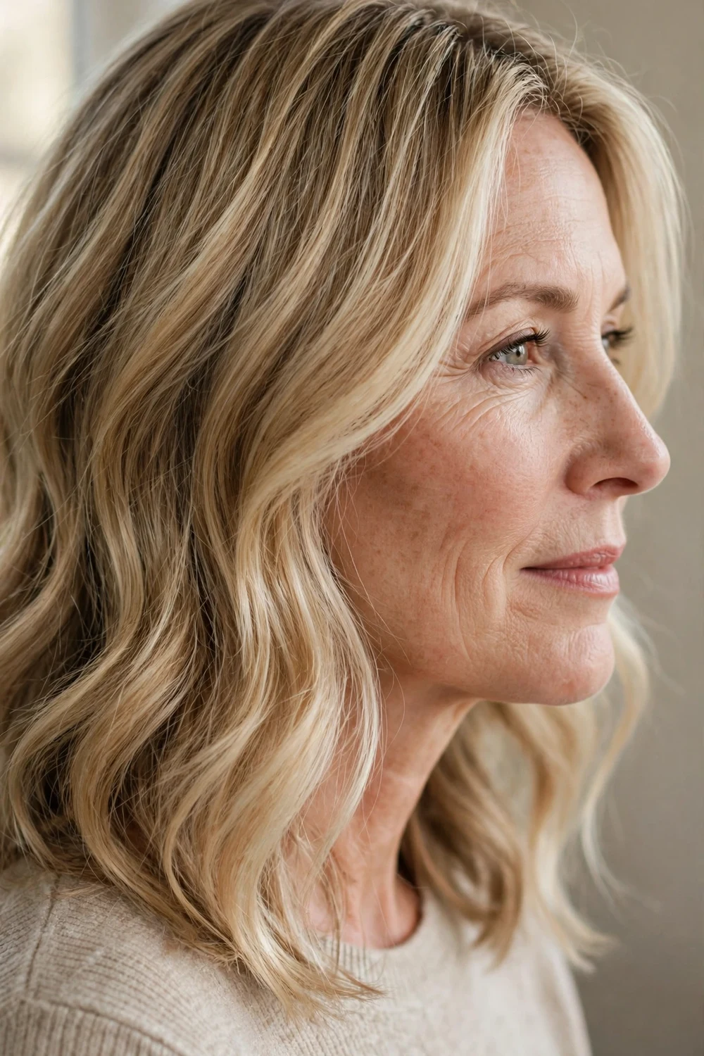 Seamlessly blended teasy-light money piece on medium blonde hair