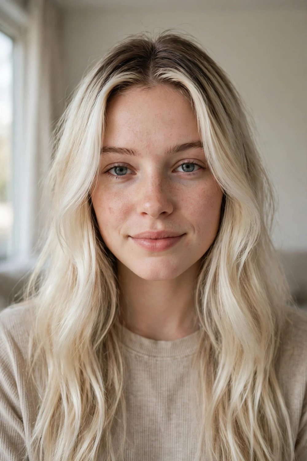 Platinum blonde balayage with shadowed root and bright money piece