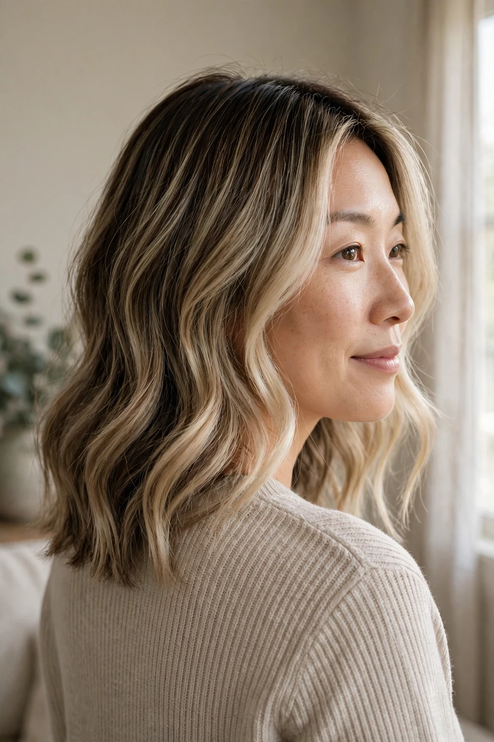 Beige blonde balayage with money piece on medium-length hair from the back