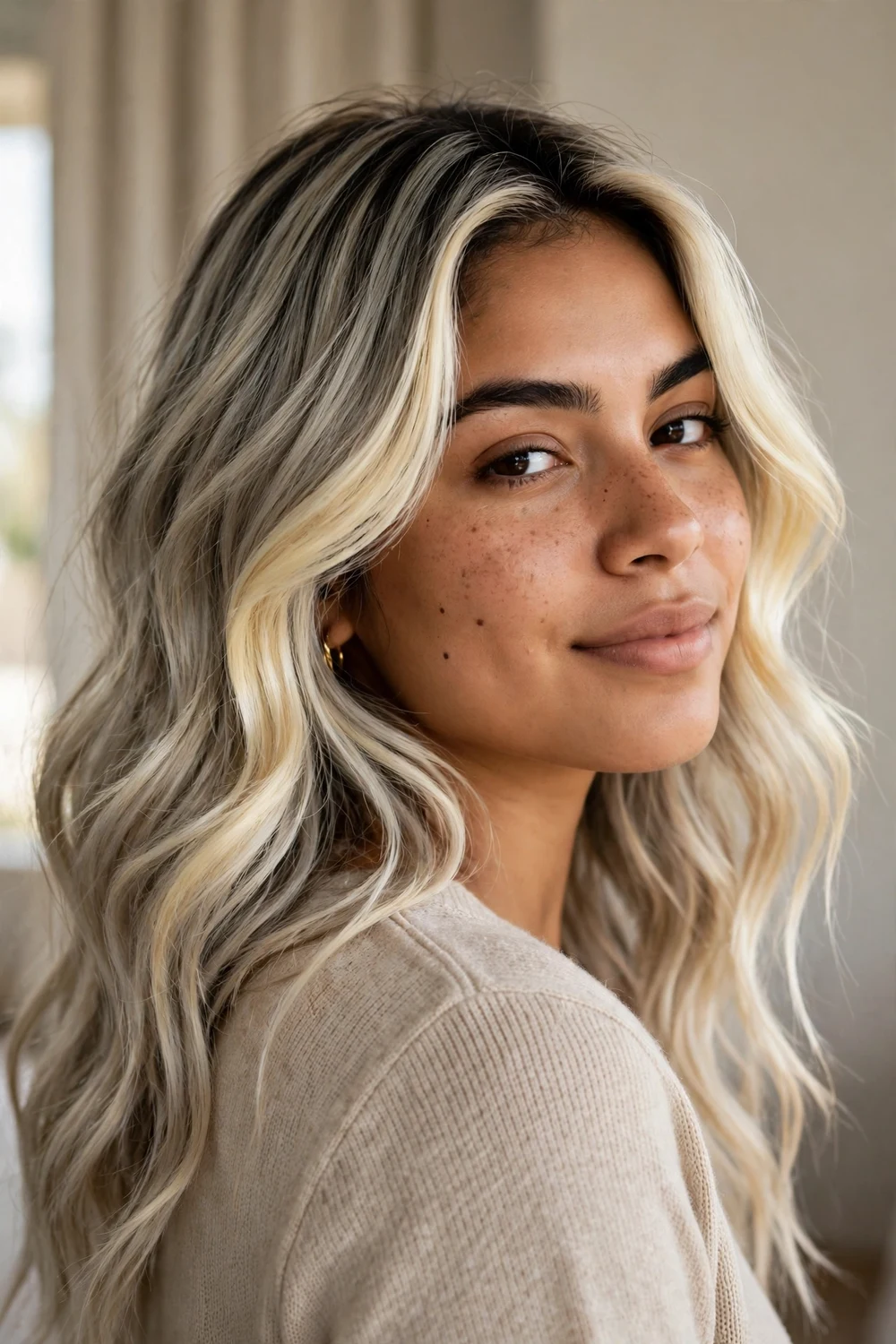 Cool ash blonde balayage beach waves with a bright money piece