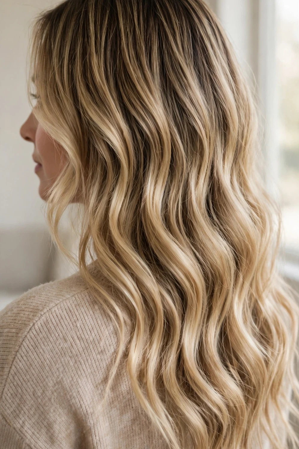 Long wavy blonde balayage with soft money piece viewed from behind