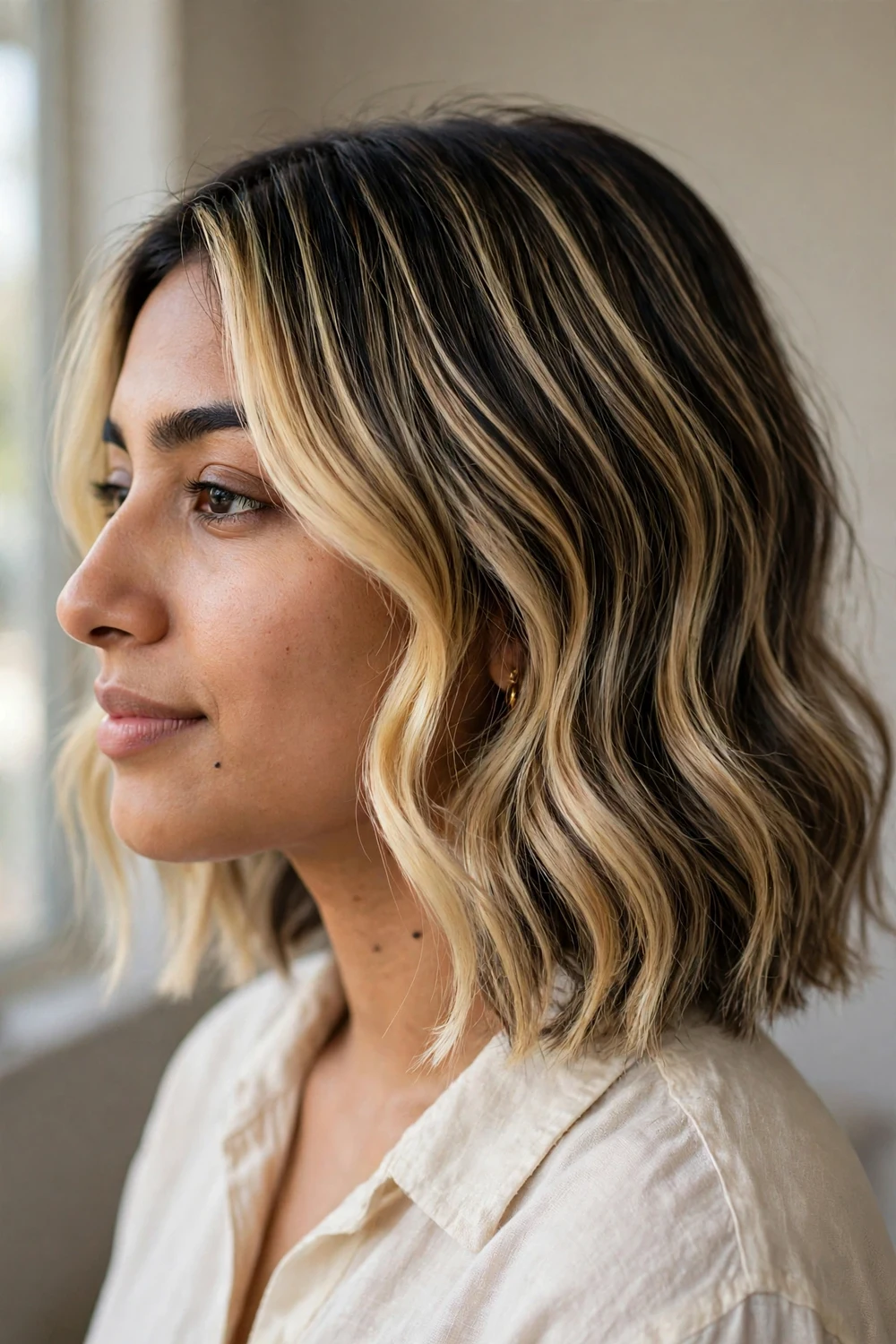 Blonde balayage lob haircut with bright money piece from the side