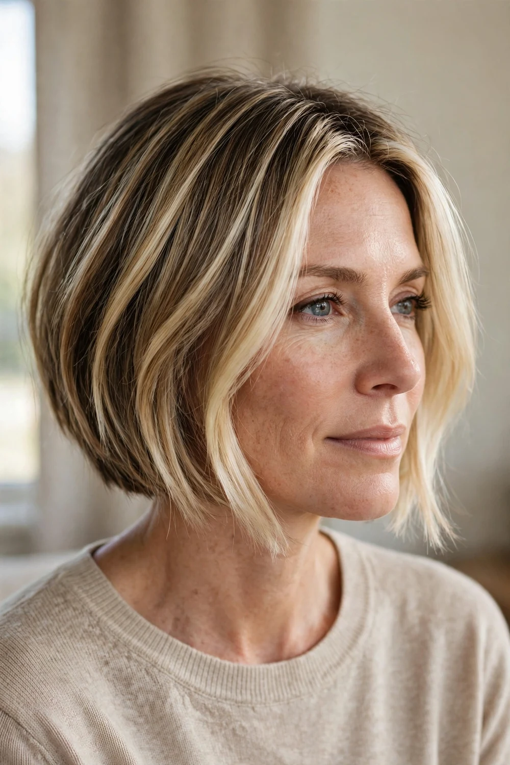Short blonde balayage bob with money piece framing the face