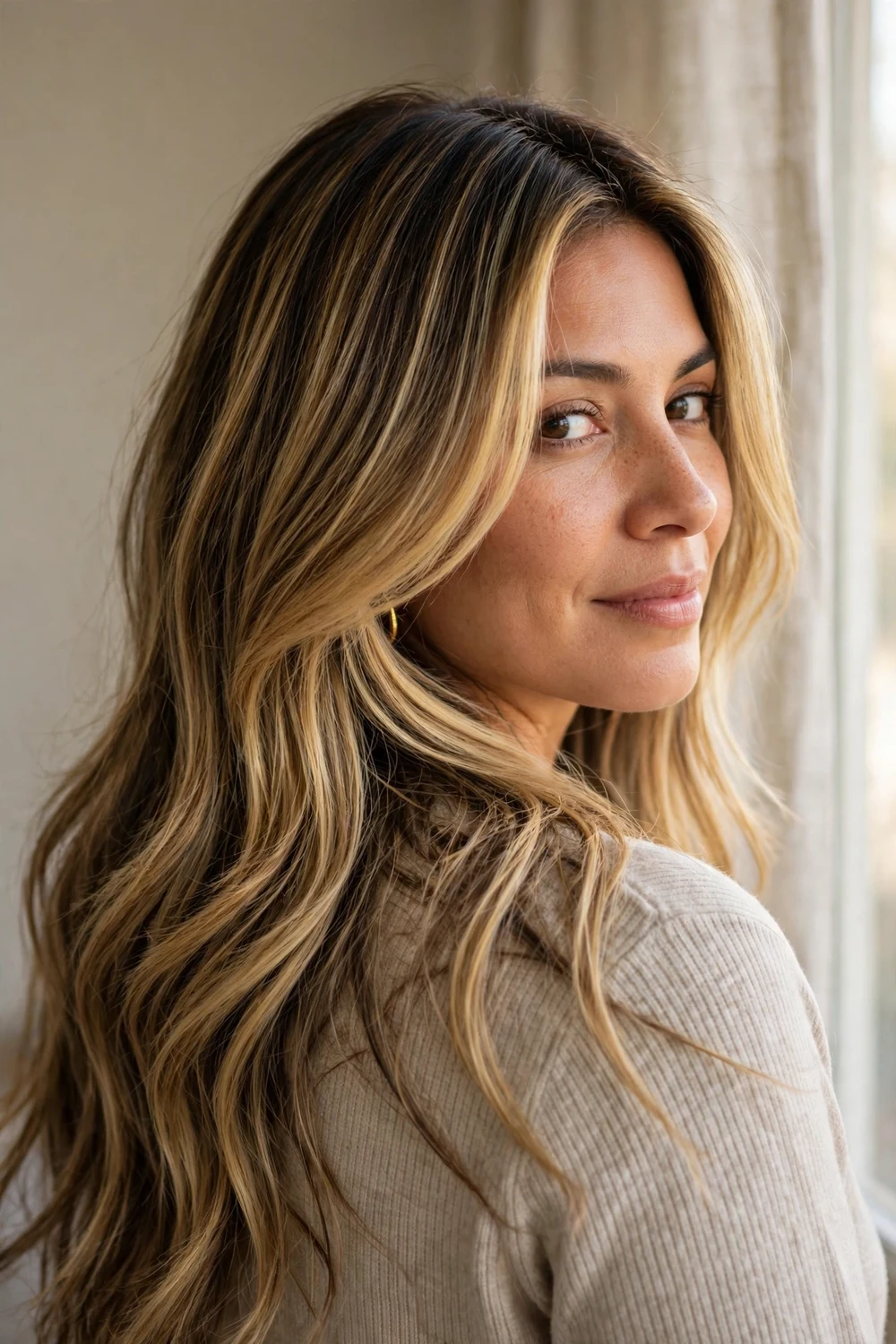 Bronde balayage on long layers with a soft money piece from behind