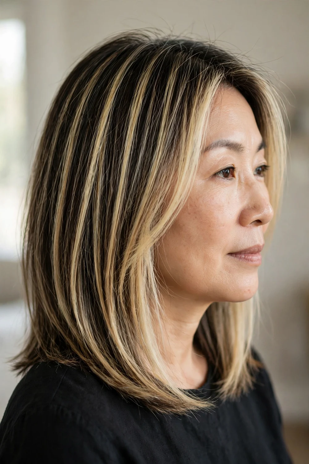 Fine hair with bright blonde balayage and money piece from the side