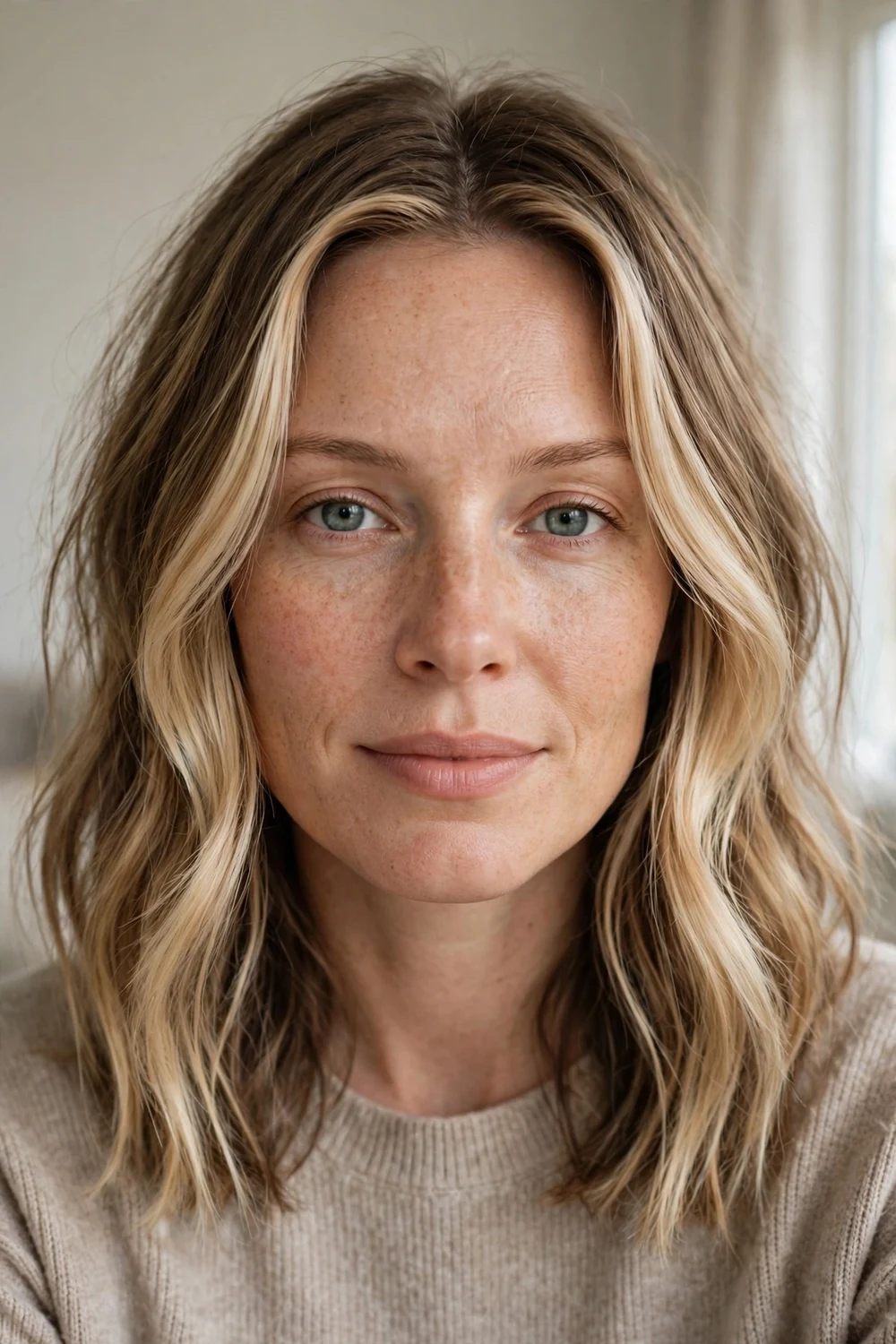 Natural dark blonde hair with brighter blonde money piece around the face