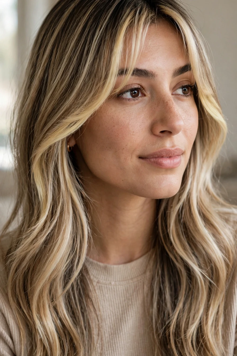 Curtain bangs with face-framing layers and bright money piece