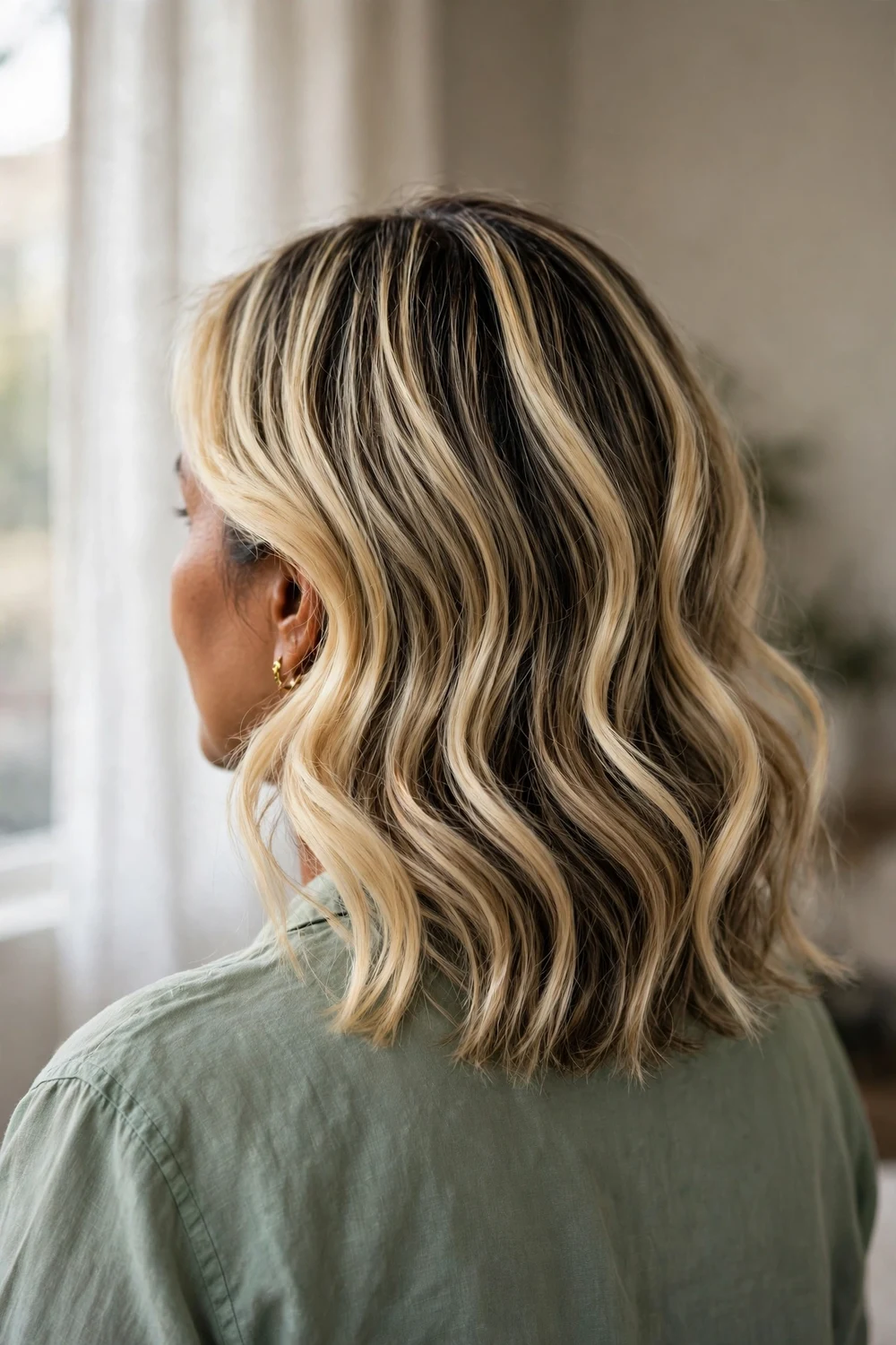Shoulder-length blonde balayage with money piece viewed from behind