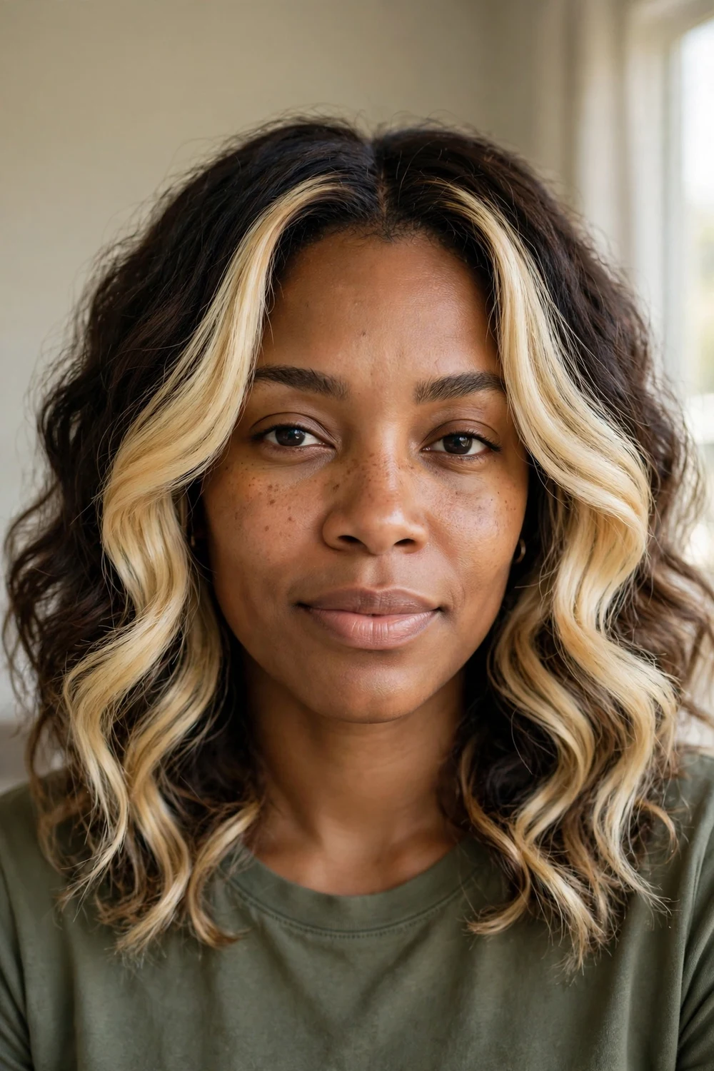 Thick mid-length blonde balayage hair with bold money piece