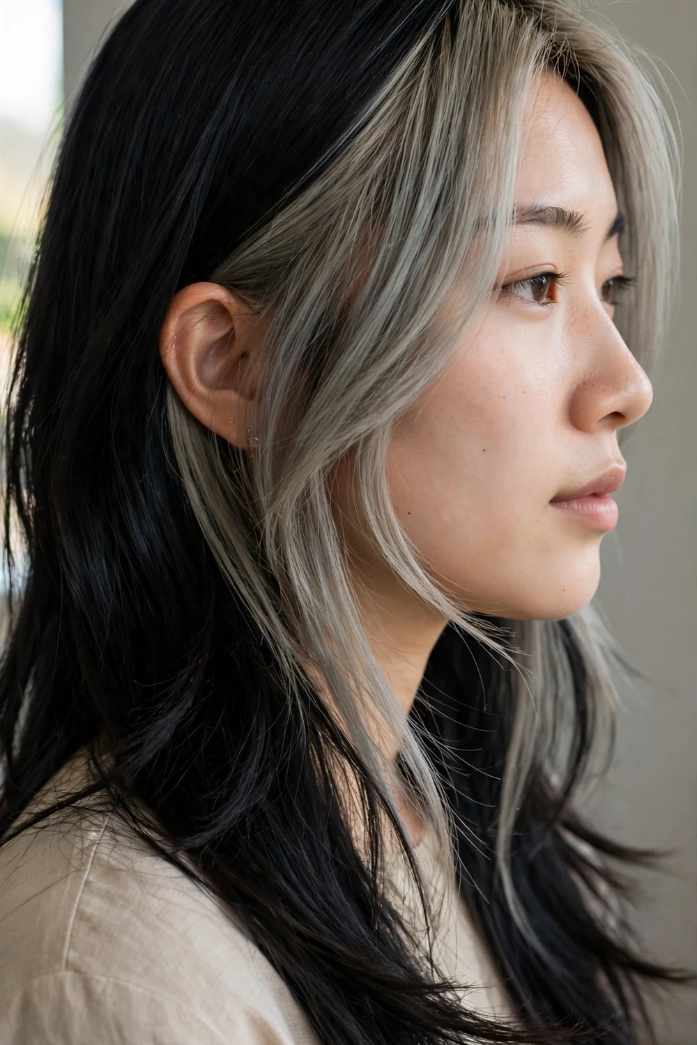 Mushroom blonde ash-gray money piece panels on dark hair