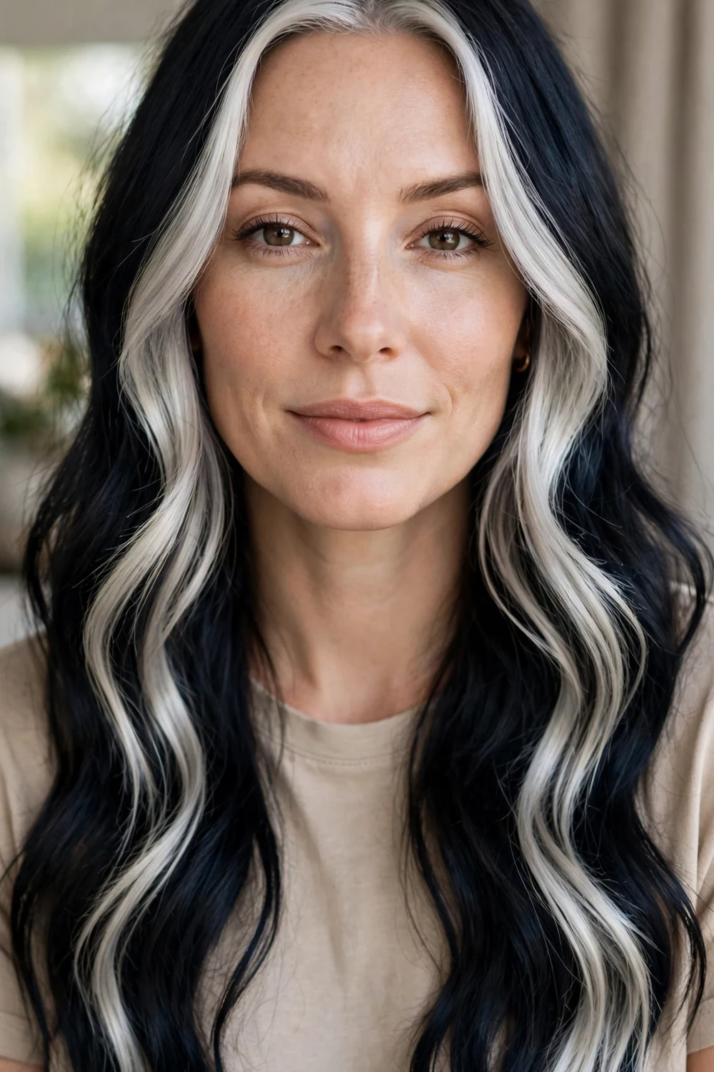Icy silver blonde money piece sections on long dark hair