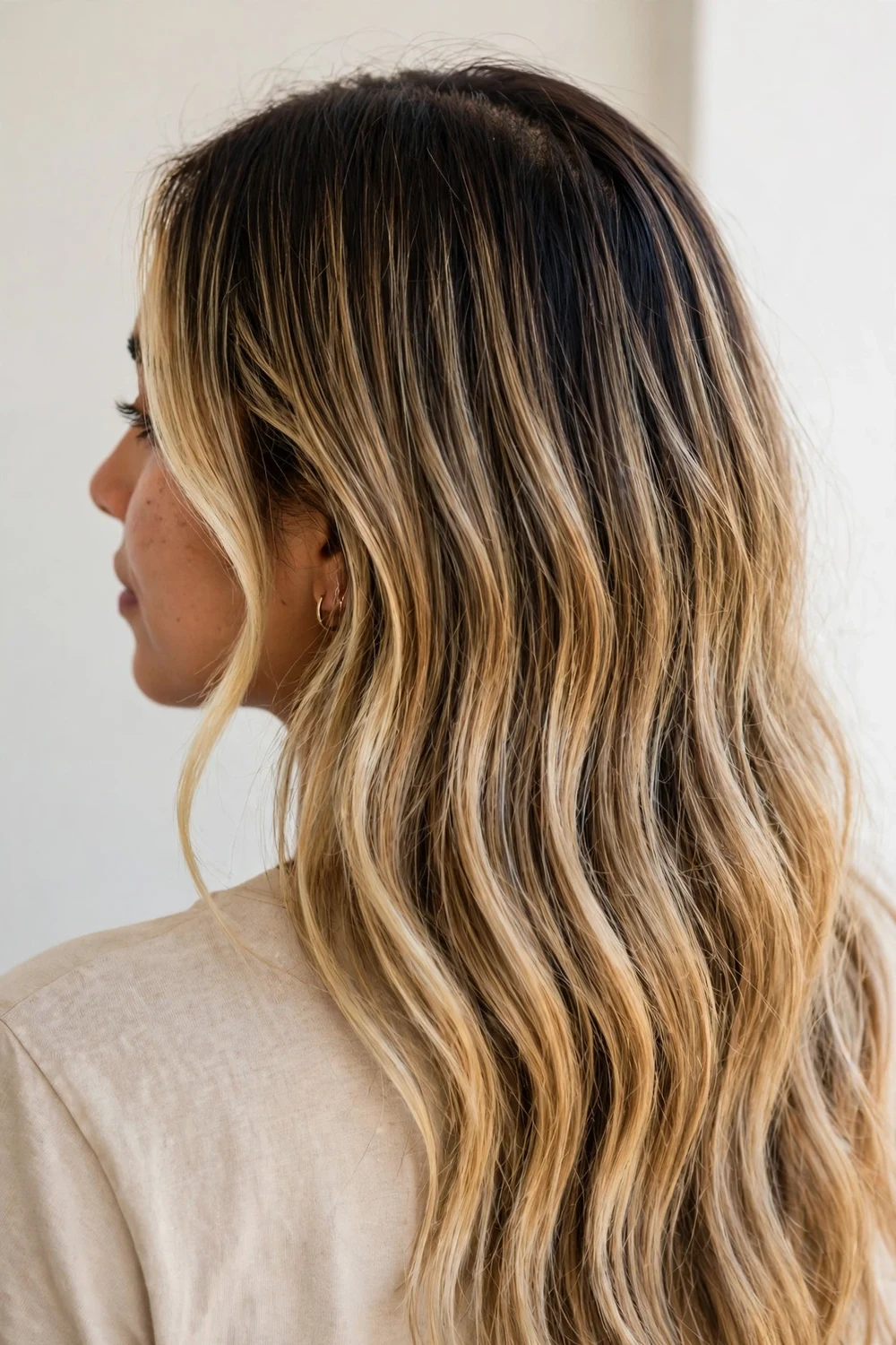 Sun-kissed summer blonde balayage with thin money piece from the side