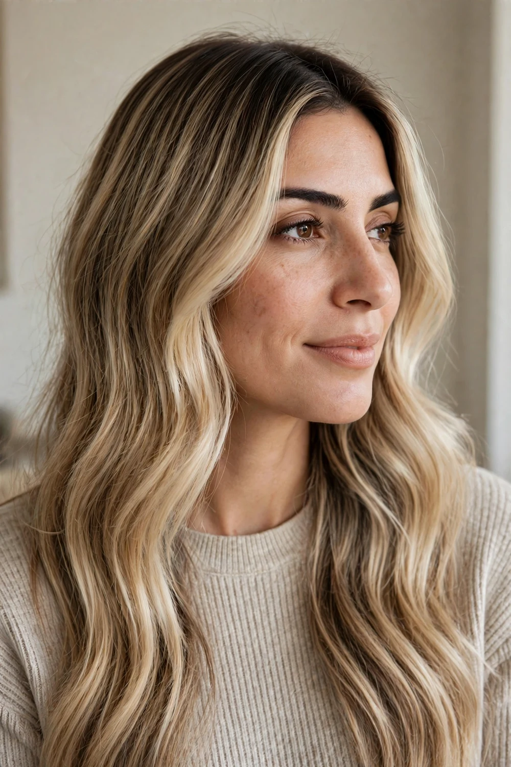 Sandy blonde balayage with root melt and money piece