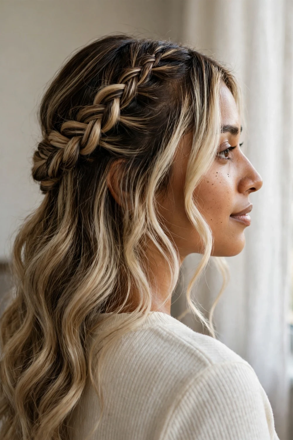 Braided half-up hairstyle on blonde balayage hair with money piece