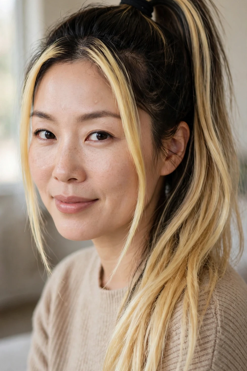 High ponytail with bright money piece framing the face