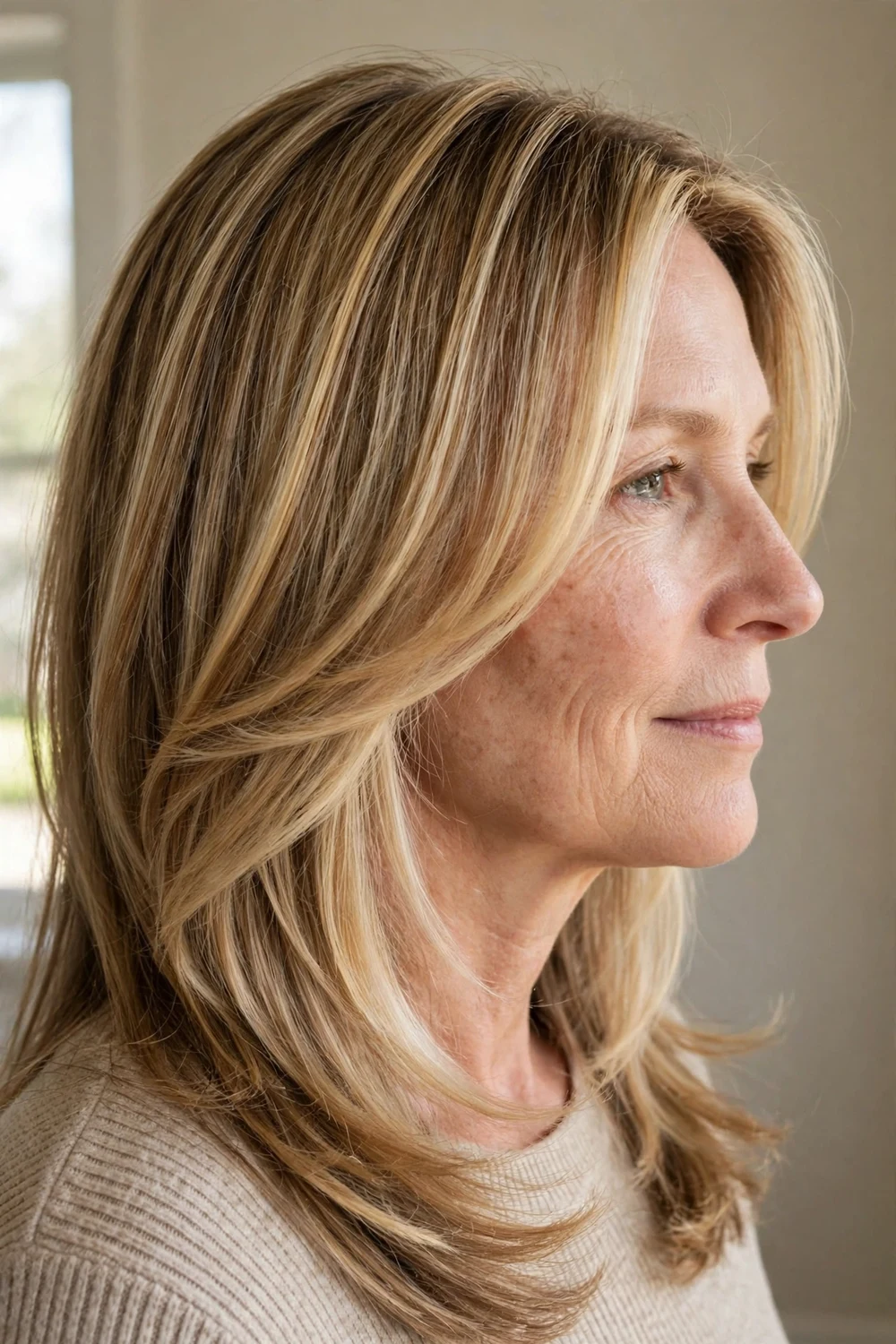 Face-framing layers with subtle money piece on long blonde hair