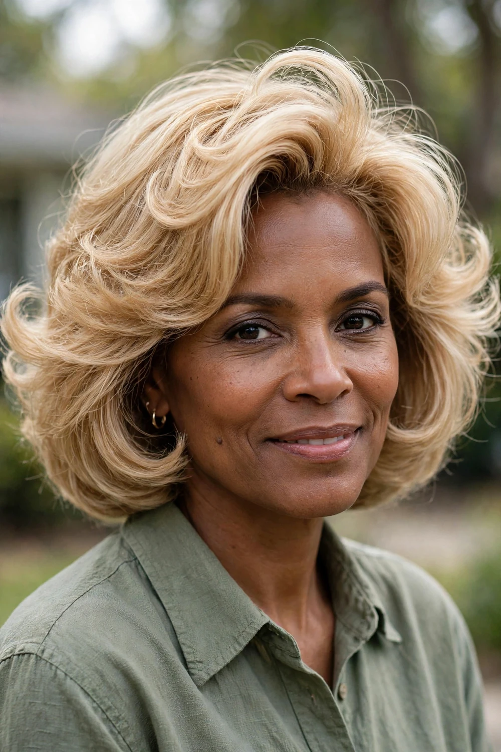 Woman with a 90s-style blonde bob, flipped ends and voluminous blowout