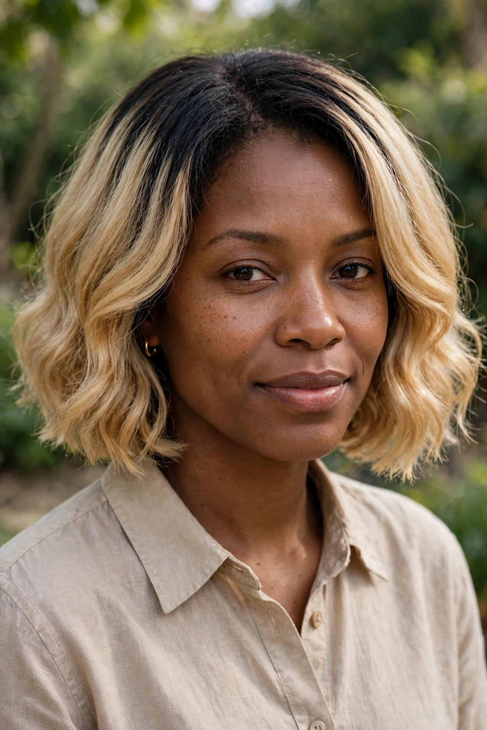 Woman with a black-rooted blonde bob, dark crown melting into blonde lengths