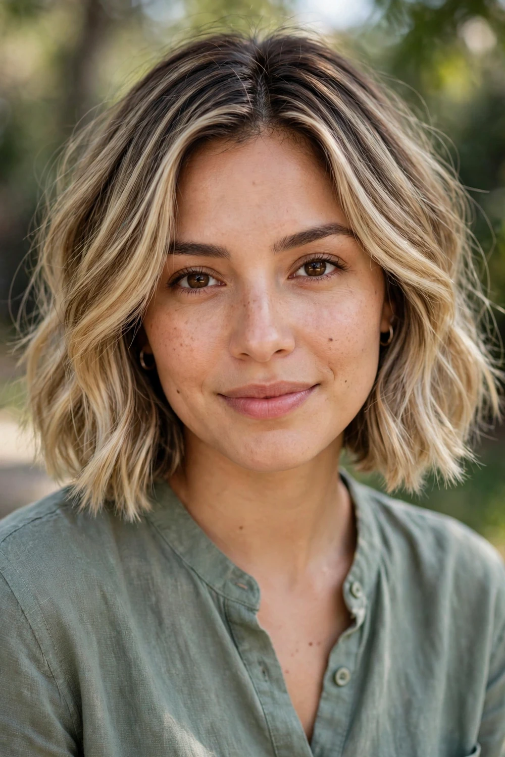 Woman with a blonde balayage bob, hand-painted highlights and dimensional color
