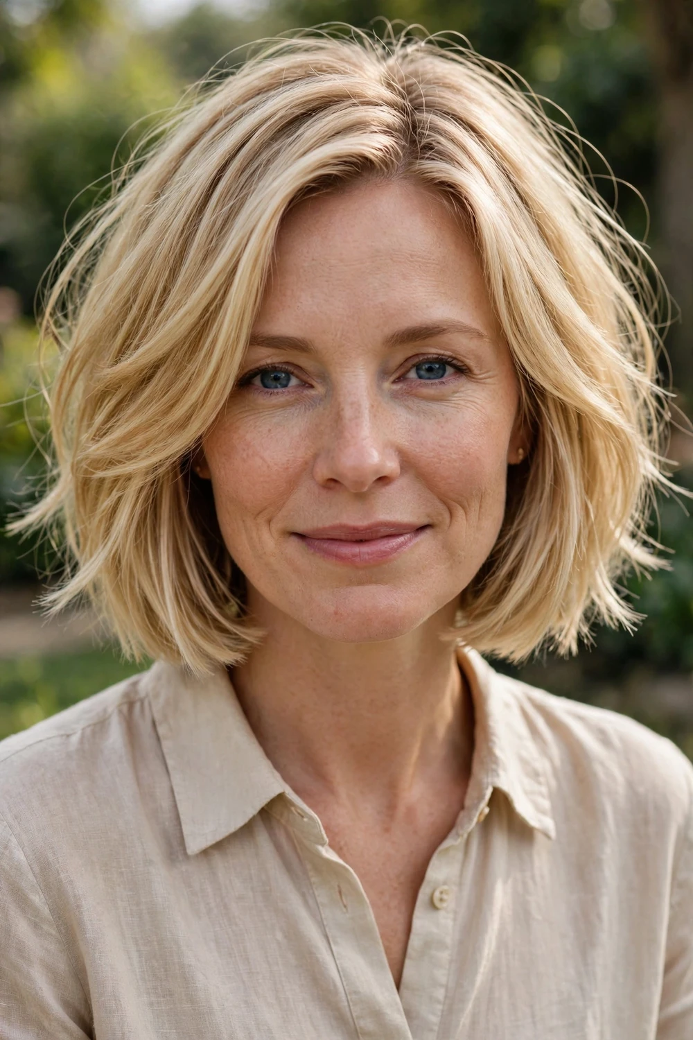 Woman with a blonde bob combining blunt ends and interior layers, movement and body