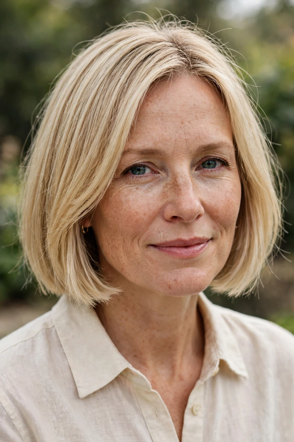 Woman with fine thin hair in a blonde bob, blunt ends creating fullness