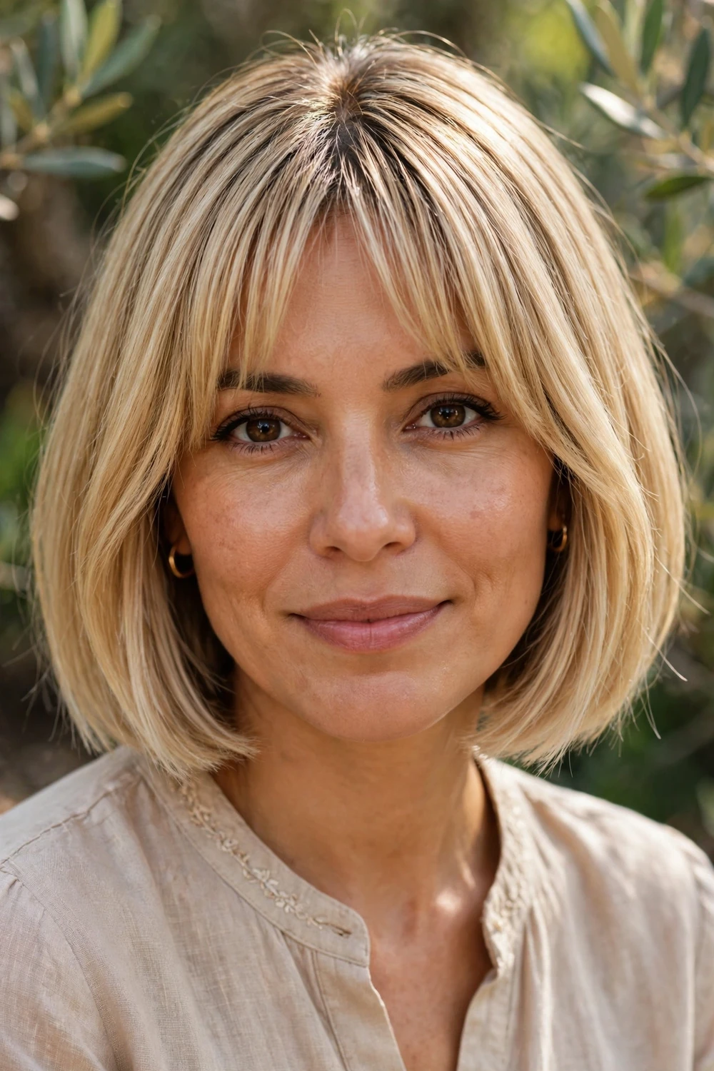 Woman with a blonde bob and curtain bangs, face-framing fringe and straight ends