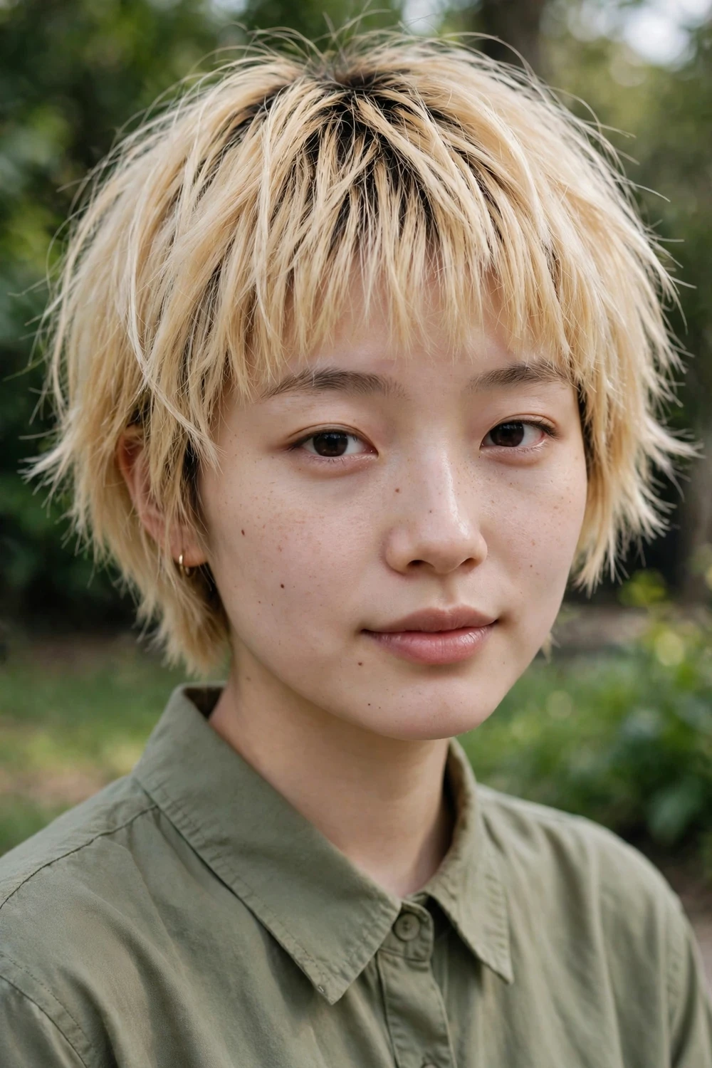 Woman with an extremely short blonde bob and full bangs, shaggy edgy finish