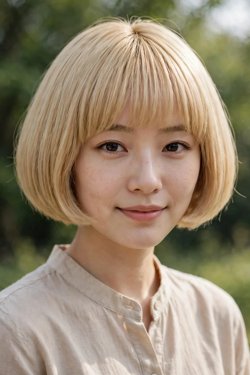 Woman with a blonde bowl-cut bob, rounded shape with even perimeter