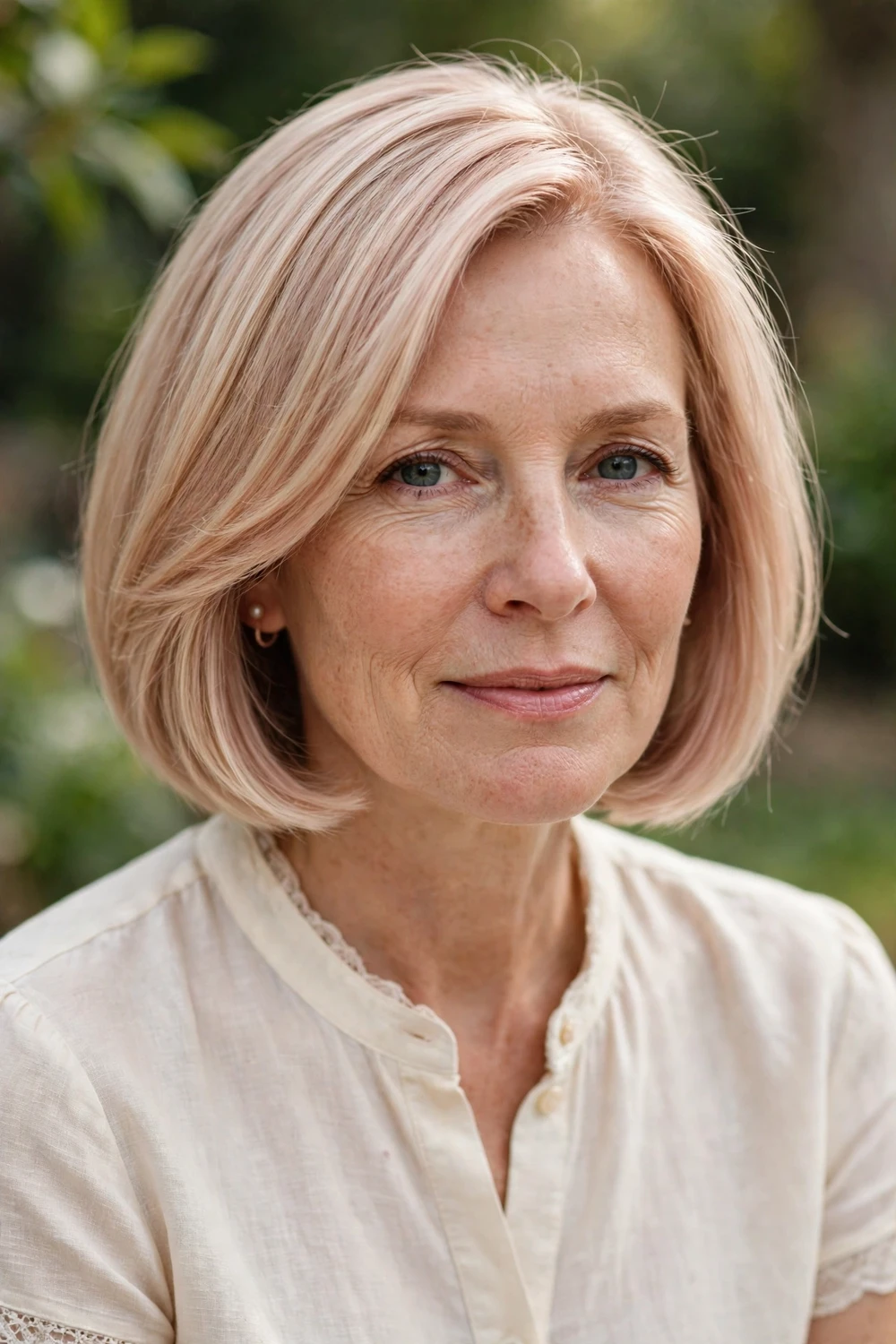 Woman with a champagne blonde bob, soft pinkish-gold tone and elegant finish