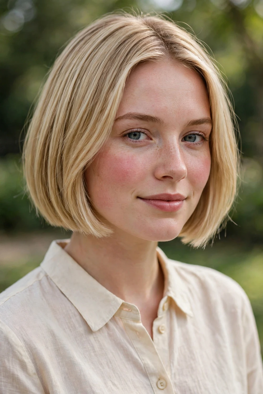 Woman with a chin-length blonde bob, precise short cut framing the jaw