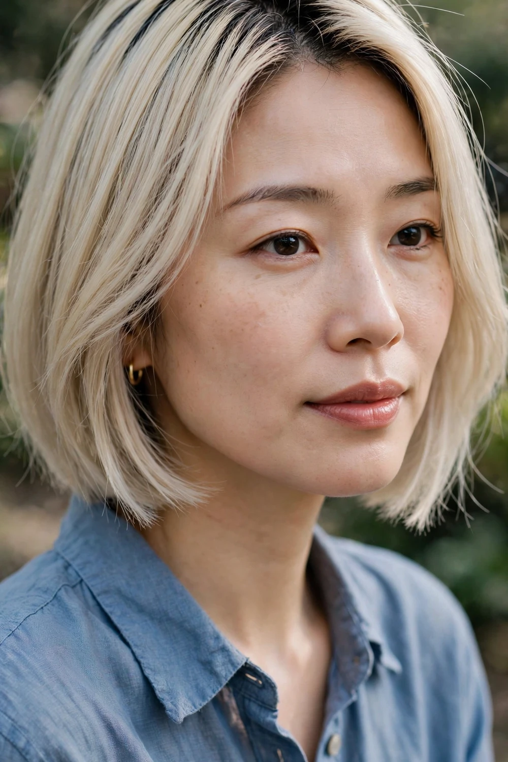 Woman with a cool-toned blonde bob and natural dark roots, chic contrast