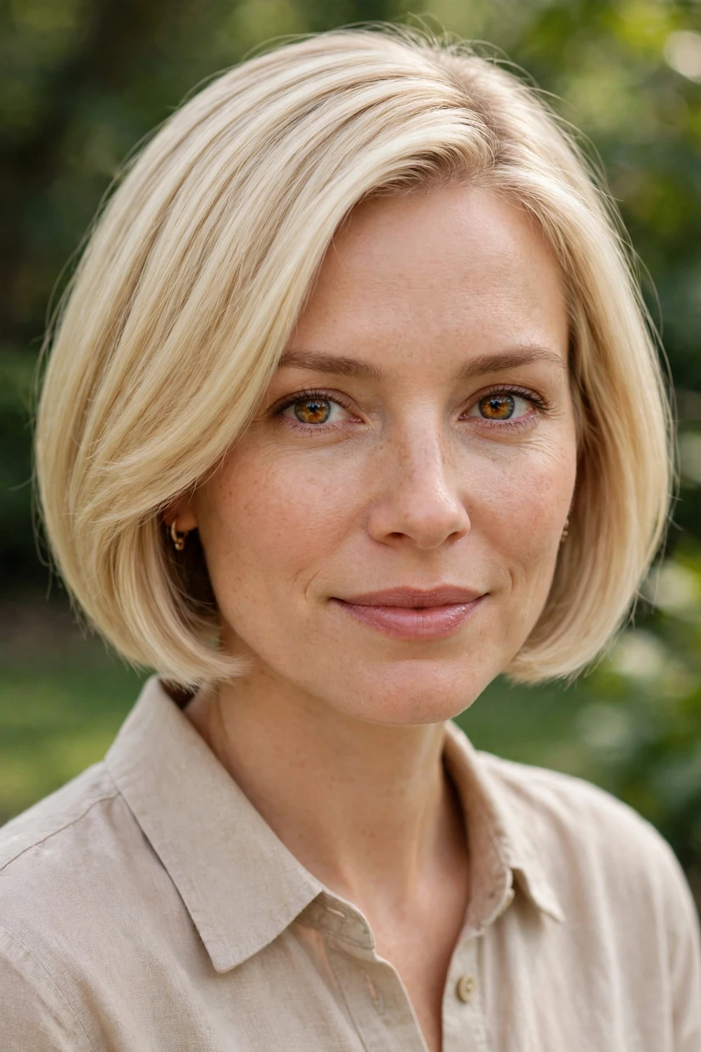 Woman with a short creamy blonde bob, soft buttery color and smooth finish